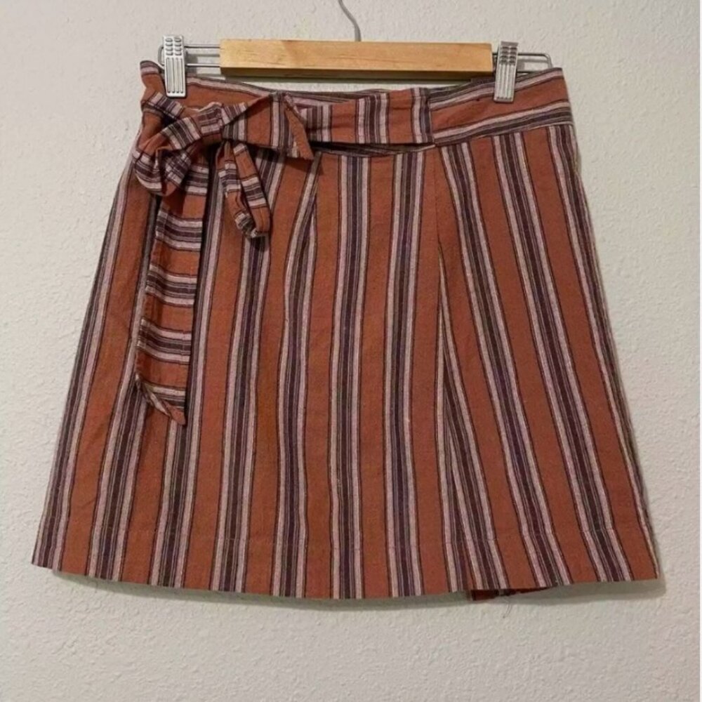 Storia Brown Striped Wrap Mini Skirt Belted Dark Academia Size Small